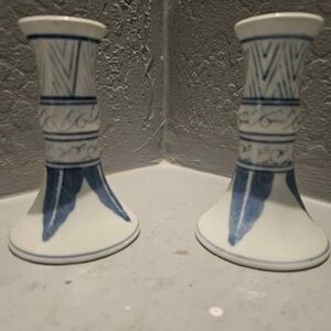 Williams Sonoma Ceramic Blue and White Candlesticks Set of 2 5" x 3"